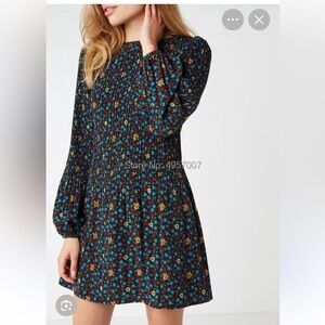 Maje Rockina Pleated Long Sleeve Floral Mini Dress Black Blue Green Red Small